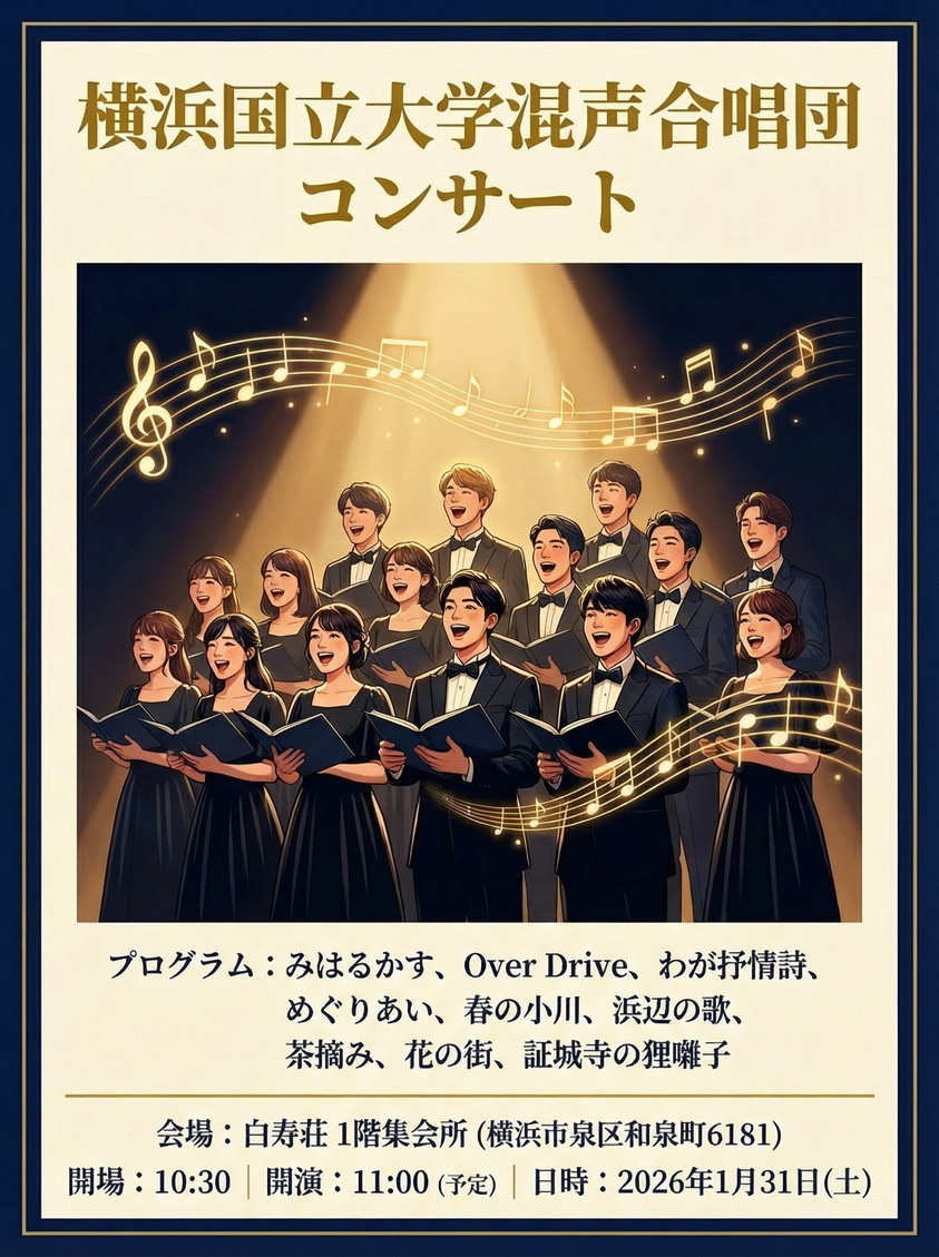 横浜国立大学混声合唱団の皆さんが白寿荘に来訪。過去最大の19人がステージに立つ、感動のコンサート！