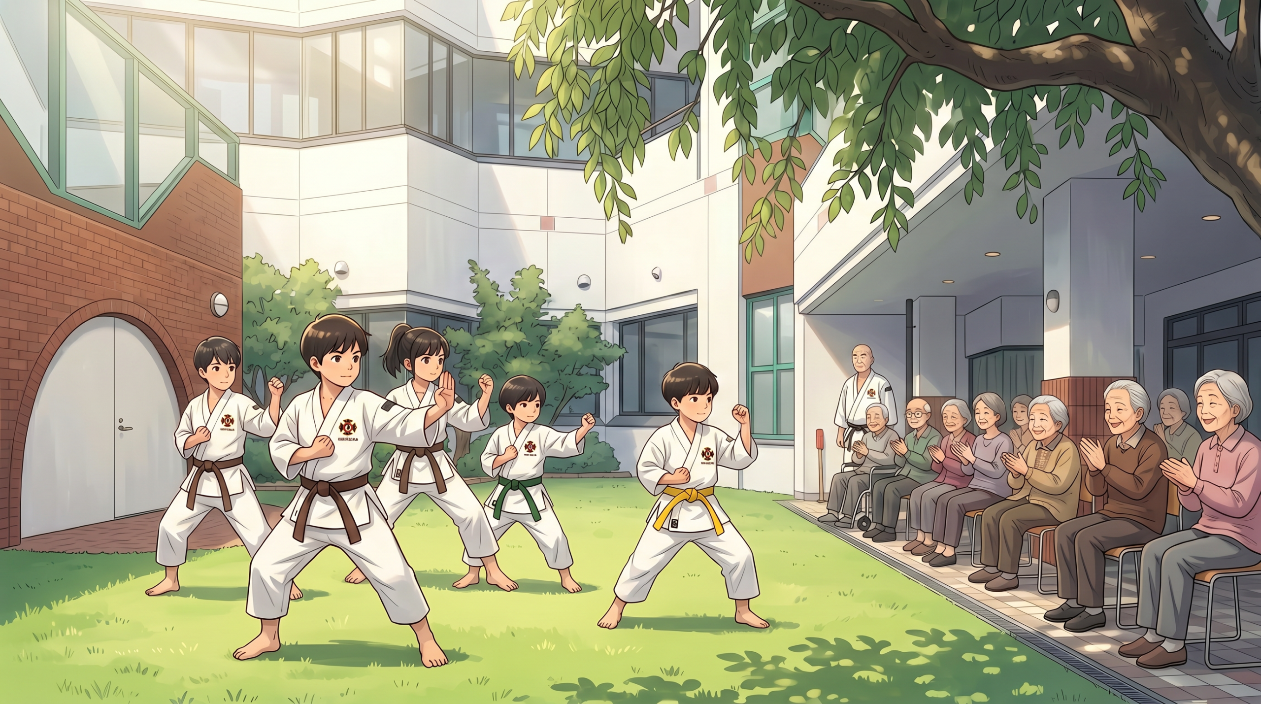 春の中庭に広がる笑顔――少林寺拳法の演武で心あたたまる交流のひととき